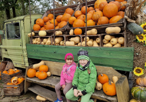 chłopiec z dziewczynką na tle auta żuk udekorowanego dyniami