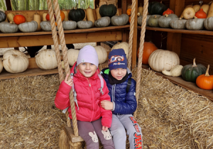 dzieci na chuśtawce na tle dekoracji z dyń