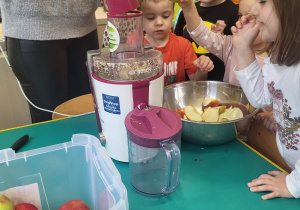 Dzieci wkładają jabłka do sokowirówki