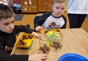 Dzieci wykonują sowę w słoiku wykorzystując kasztany i kolorowe piórka