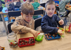 Dzieci wykonują sowę w słoiku wykorzystując kasztany i kolorowe piórka